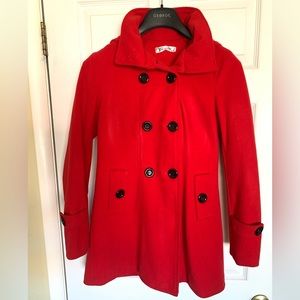 Red Coat size Lg. Pockets. Buttons. Hood. Lined. High or Low Collar. Used.